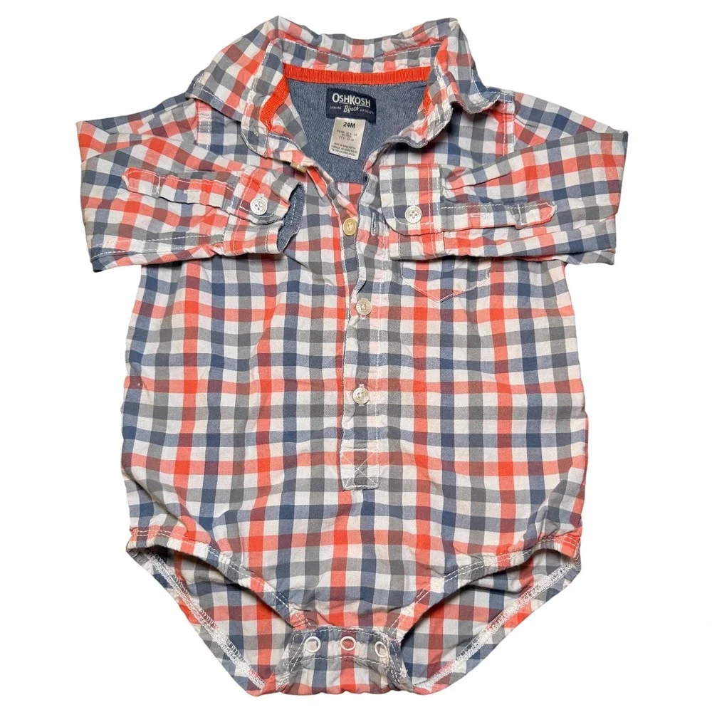 OshKosh Carter's Bodysuit Bundle Baby Boy 24M Orange Blue Dinosaur‎ Plaid 3pc